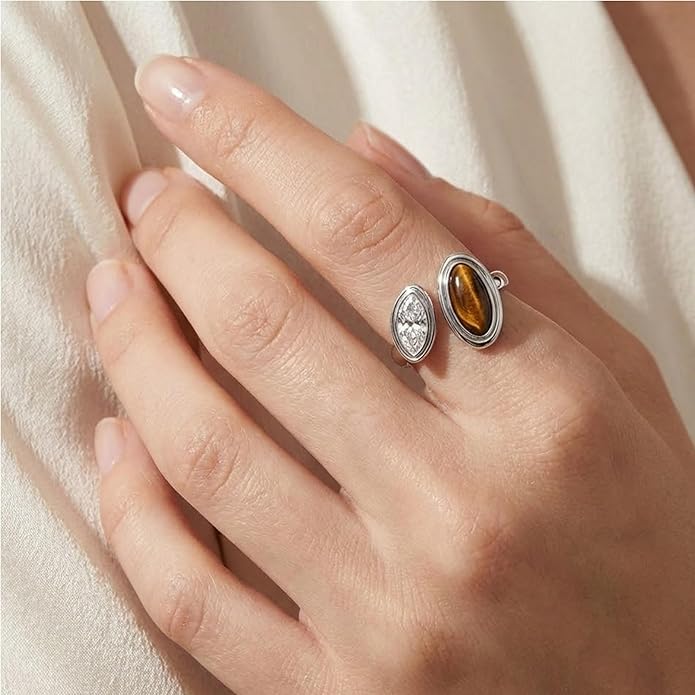 Mchic Adjustable Chunky Rings for Women: Dainty Natural Gemstone Ring Stainless Steel 18K Gold/Silver Plated Band Rings Non Tarnish Waterproof Statement Fashion Jewelry Gift for Women