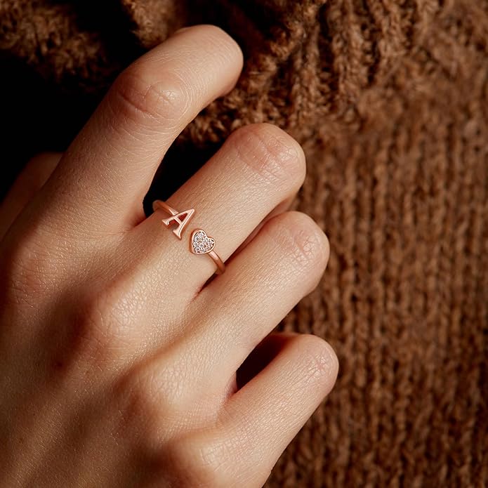 Valentines Day Gift Initial Rings for Teen Girls - S925 Heart Sterling Silver Rings for Teen Girls | 14K Gold/Rose Gold/Sterling Silver Plated Ring for Girls Kids Women Ring for Teenager Girls Gifts Adjustable, No Tarnish, Hypoallergenic