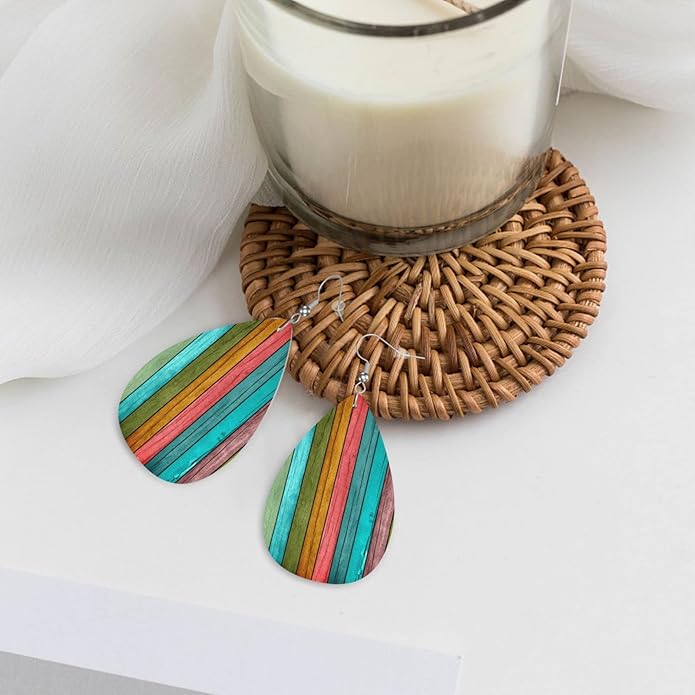 Vintage Wood Wooden Print Faux Leather Teardrop Earrings for Women Drop Dangle Earrings