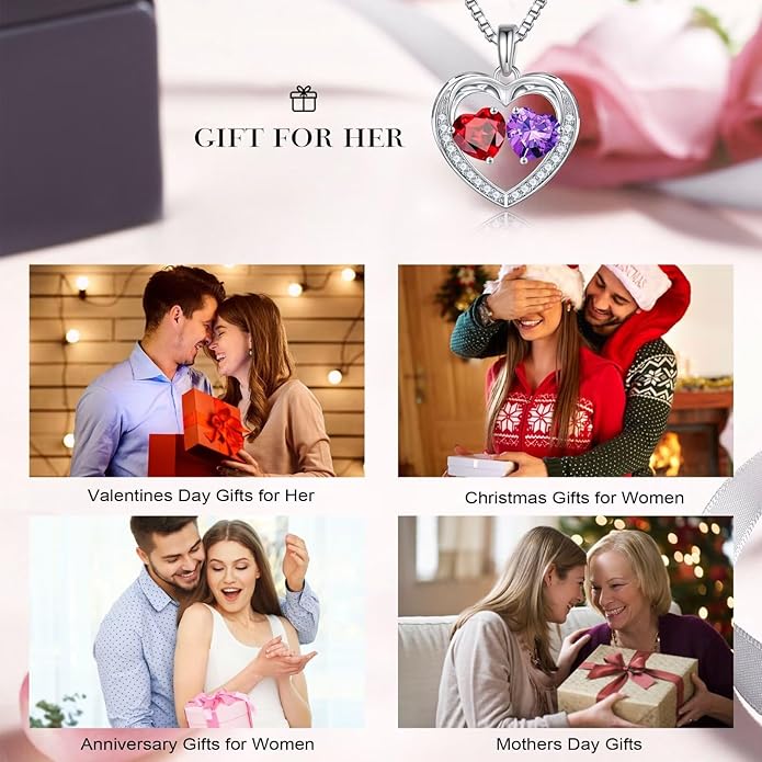 Iefil Valentines Day Gifts for Her - 925 Sterling Silver Heart Birthstone Necklace, Anniversary Birthday Gifts for Women Wife Girlfriend Mom Her