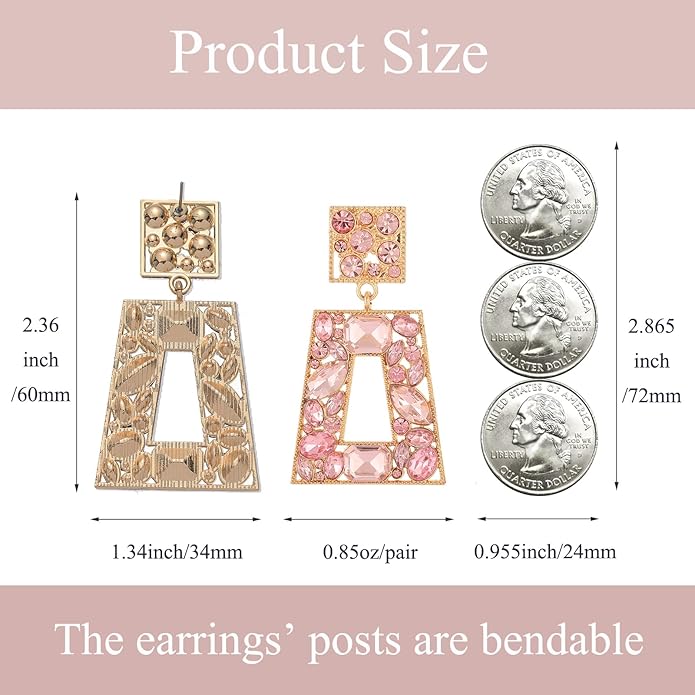 Rhinestone Rectangle Statement Earrings Colorful Crystal Geometric Drop Dangle Earrings for Women Prom Party