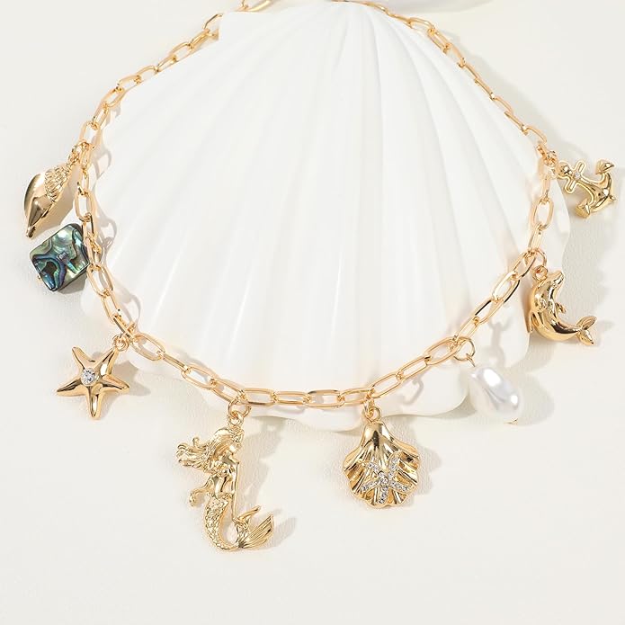 [3 Trendy Styles] Women's Necklaces - Alloy with Glass Crystals & Pearls, Electroplated O - Link Chain, Mermaid Inspired by Fantasy Aesthetics/Bow with Y2K Sweet Charm/Cherry Fruit in the Latest Kawaii Vibe, 47cm(18.5in) Chain Length + 6.5cm(2.55in) Ex...