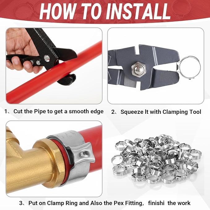 100 Pcs 1/2 Inch Pex Cinch Clamps, 304 Stainless Steel Crimp Rings Single Ear - Image 4