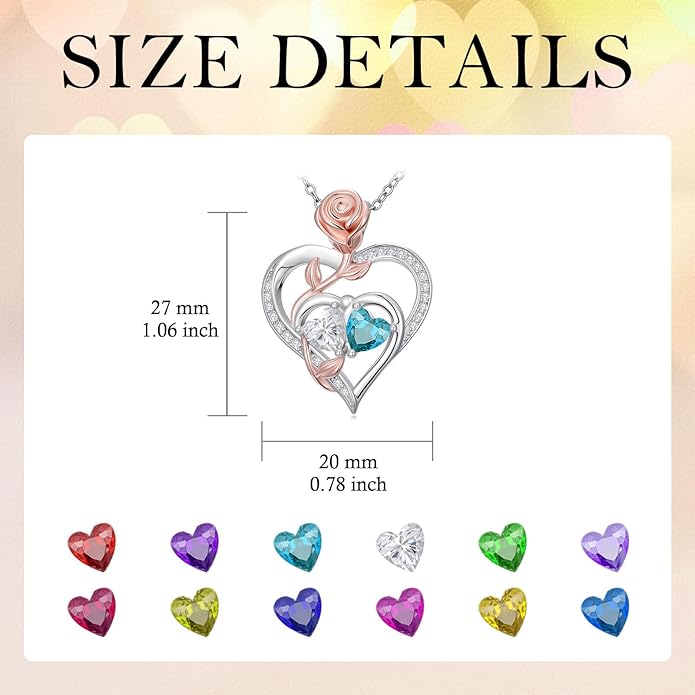 Rose Flower Heart Pendant for Women Birthday Gifts 18k Gold Plated Mother Daughter Necklace with 12 Months Birthstone Christmas Valentines Day Gifts for Her Mom Anniversarry Jewelry for Mom Wife Girlfriend