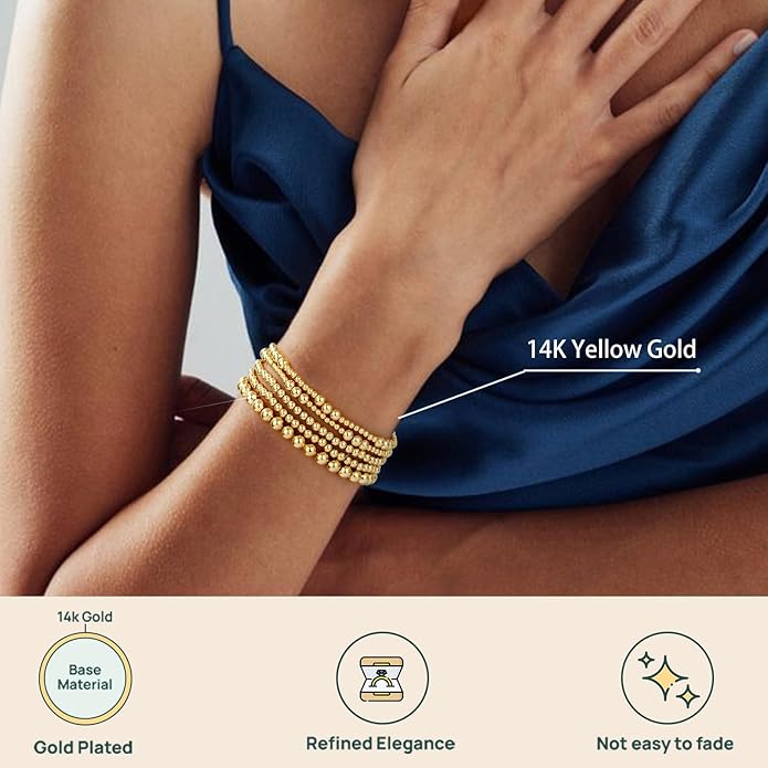 adoyi Valentines Day Gifts for Her Gold Bracelets for Women Waterproof, 14K Gold Plated Beaded Strand Bead Ball Bracelets stack Adjustable Jewelry Set for Gifts