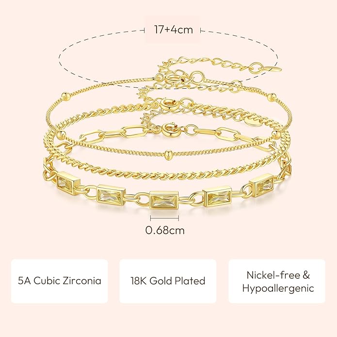 Gold Birthstone Bracelet for Women, 18K Gold Plated Layered Jewelry Bracelet Set, Womens Dainty Stackable Bracelets Link Paperclip Chain Valentines Day Gift for Wife Her