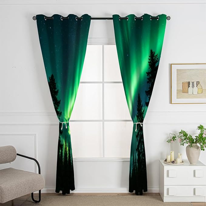 Forest Aurora Curtains for Bedroom Blackout, Coniferous Forest Silhouette - Image 2