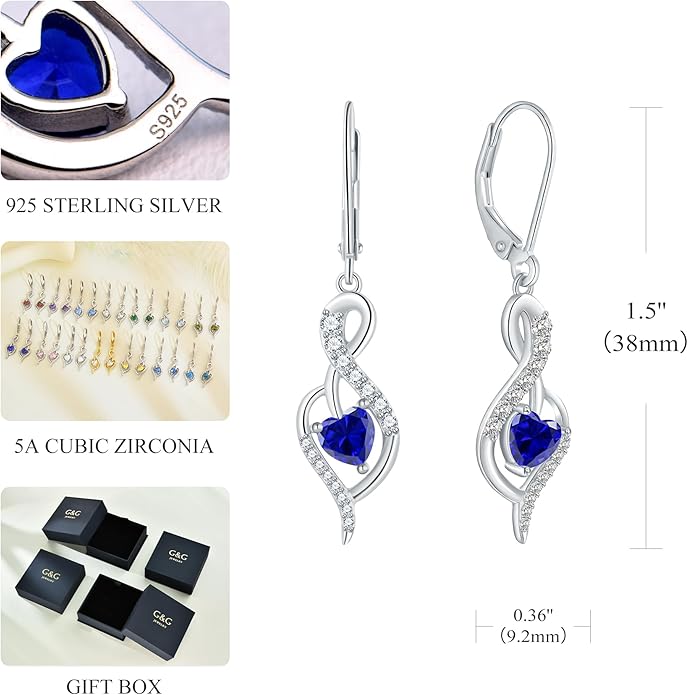 Infinity Heart Dangle Drop Earrings for Women, 925 Sterling Silver Birthstone Leverback Earrings, Birthday Anniversary Valentines Day Jewelry Gifts for Women Mom Her