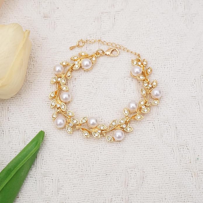 CSY Elegant Bridal Necklace Earrings Bracelets Leaves Shape Wedding Prom Dress Accessories Rhinestones Jewelry Sets for Bride Bridesmaid