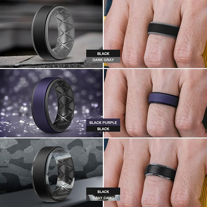 Egnaro Silicone Rings for Men 1/4/5/6/7 Multipack of Breathable Mens Silicone Rubber Wedding Rings Bands - Step Edge