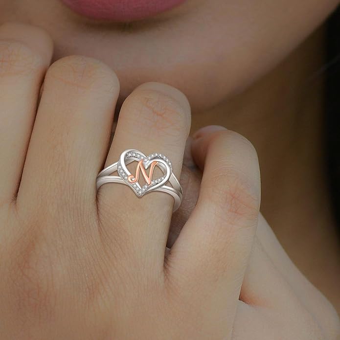 INFUSEU 925 Sterling Silver Initial Heart Ring for Women Girls, Adjustable Size