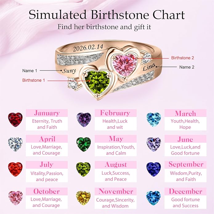 Personalized Heart Birthstone Rings for Women with 2 Birthstones Custom Name Rings for Couple Mother Daughter Jewelry Gift for Mother Her Christmas
