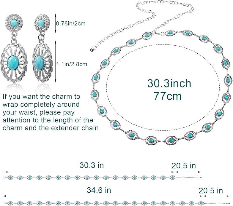Haysandy 4 Pcs Turquoise Western Jewelry Sets for Women Bohemian Vintage Concho Necklace Classic Dangle Earrings Bracelet Belt