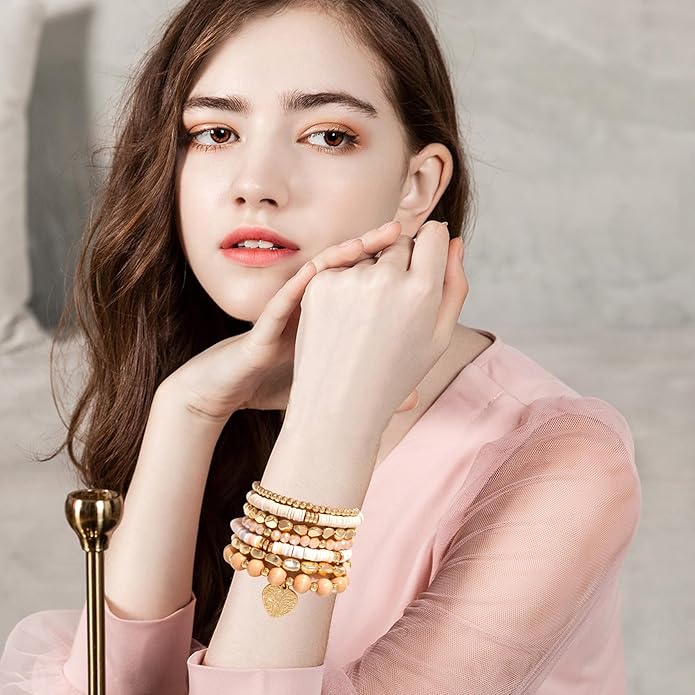 GOOJIDS Surfer Heishi Clay Bead Bracelets for Women Bohemian Stackable Gold Plated Beaded Stretch Bracelets Elastic Layering Friendship Bracelets Set Boho Jewelry