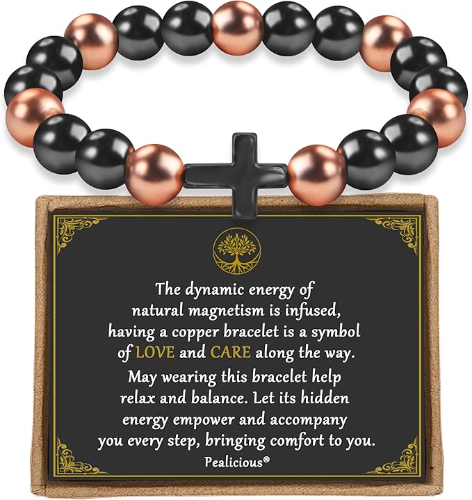 Copper Magnetic Bracelet for Men, Copper Bracelet with 3500 Gauss Magnetic Beads Cooper Christian Cross Jewelry Parents Anniversary Pulsera de Cobre Para Hombres Husband Valentines Day Gifts