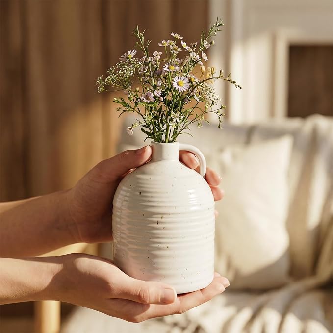 Firehold Ceramic Vase Set of 3 w/Handles, Rustic Farmhouse White Decor Vase | - Image 7