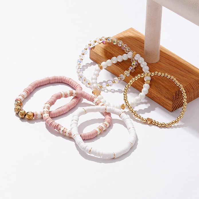 Heishi Beaded Stretch Bracelets for Women Stackable Polymer Clay Beads Bracelets Friendship Boho Summer Beach Bracelet Jewelry Set