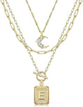 MJartoria Layered Initial Necklaces for Women Trendy, 14K Gold Plated Brass Simple Moon Choker Square Letter Pendant Necklace, Paperclip Chain Necklaces Jewelry Gifts