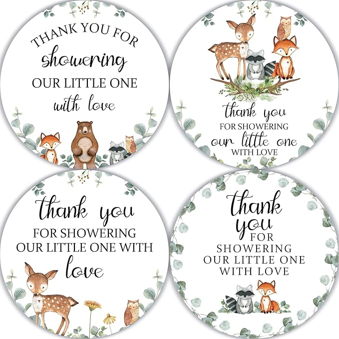 80 Pieces Cute Woodland Creature Thank You Stickers, Baby Shower Birthday Party Decorate Watercolor Forest Woodland Animals Theme Party Gift Wrap Bag Label Decorations, 4 Design Stickers