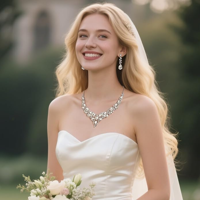 BriLove Women's Wedding Bridal Austrian Crystal Teardrop Cluster Statement Necklace Dangle Earrings Jewelry Set