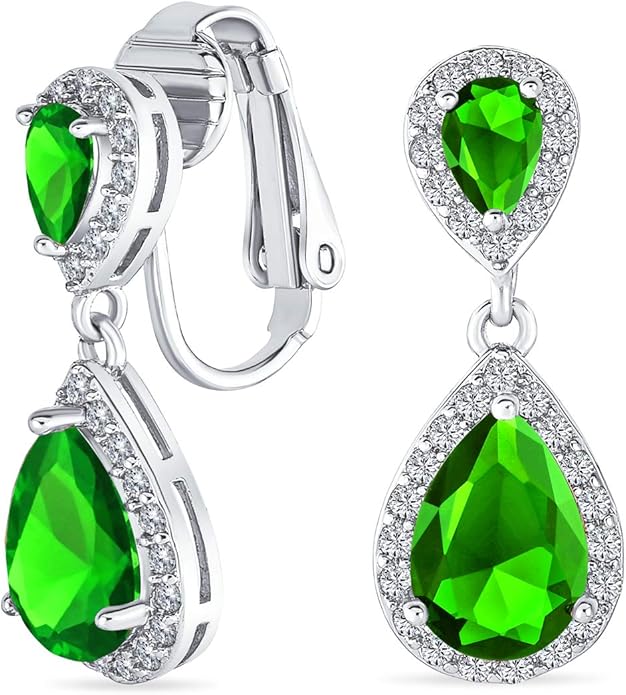 Vintage Style Bridal Cubic Zirconia Simulated Gemstone AAA CZ Halo Dangle Teardrop Chandelier Clip On Earrings For Women Silver Rose Gold Plated in Black Purple Blue Red Rose Pink Green Clear