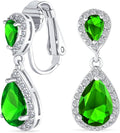 Vintage Style Bridal Cubic Zirconia Simulated Gemstone AAA CZ Halo Dangle Teardrop Chandelier Clip On Earrings For Women Silver Rose Gold Plated in Black Purple Blue Red Rose Pink Green Clear