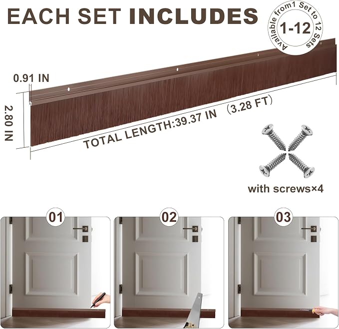 12 Pack Door Brush Sweep | 2.80" x 39.3" CEPIA Brown Aluminum Seal - Image 2