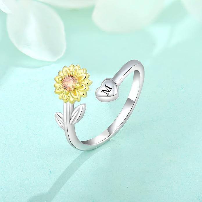 STARCHENIE Sunflower Initial Ring for Women 925 Sterling Silver Letters A-Z 26 Alphabet Adjustable Ring Size 7