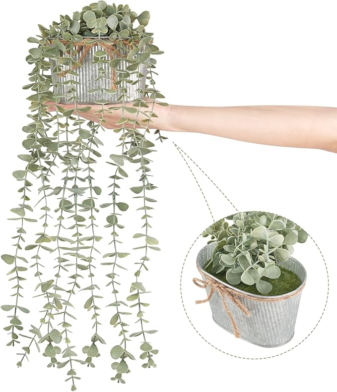 Mkono Fake Hanging Plants in Farmhouse Galvanized Pots - Image 7