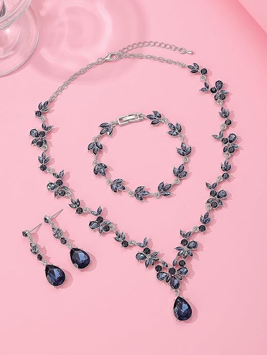 Bridal Wedding Elegant Floral Jewelry Set for Women/Brides/Bridesmaids Crystal Jewelry Set for Wedding Prom Party Bridal Crystal Necklace Earrings Bracelet Set