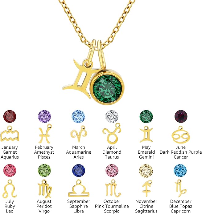 MISS RIGHT Initial Birthstone Necklace for Women - Personalized Gifts Birthday Gifts for Women Stainless Steel 18K Gold Plated Dainty Gold Zodiac Sign 12 Constellation Horoscope Necklace Jewelry