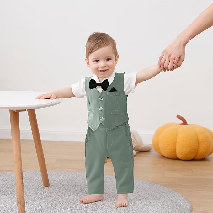 DISAUR Baby Boy Clothes Toddler Boy Outfits 4PCS Gentleman Dress Romper/Vest/Pants/Bow Tie Cotton Suit Sets