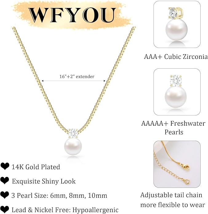 WFYOU Pearl Necklaces for Women Trendy 6MM 8MM 10MM Dainty Round Natural Freshwater Pearl Necklace Silver 14K Gold Plated CZ Pearls Necklaces for Women Birthday Bridesmaid Wedding Gifts Pearl Jewelry