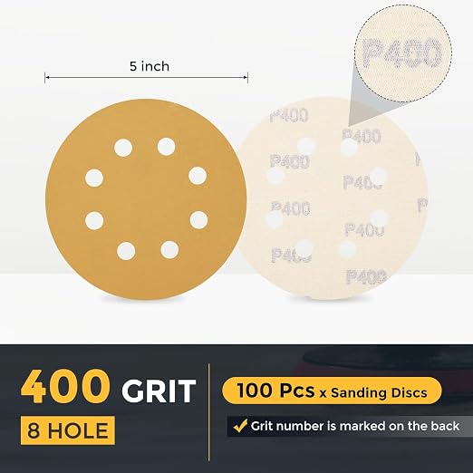 HARFINGTON 100Pcs 5Inch Sanding Discs 400Grit Yellow Aluminum Oxide 8 Hole | - Image 2