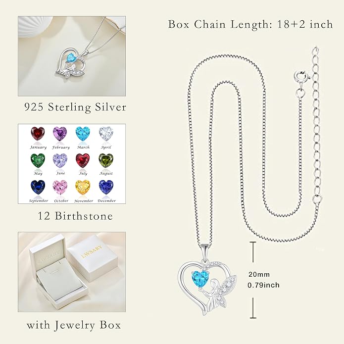 Guardian Angel Necklace 925 Sterling Silver Heart Angel Wings Pendant Birthstone Jewelry for Women