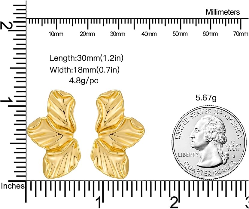 Chunky Gold Statement Earrings For Women Gold Plated Sectored Flower Leaf Shell Angel Wing Earrings Trendy Boho Jewelry For Women Large Stud Earrings Hypoallergenic Earrings