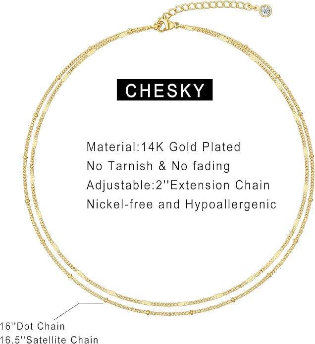 CHESKY 14k Gold Plated/Silver Plated Dainty Necklace for Women, Trendy Satellite Choker Necklace Thin Beaded Layered Choker Necklaces Discs Paperclip Chain Necklaces Womens Simple Jewelry
