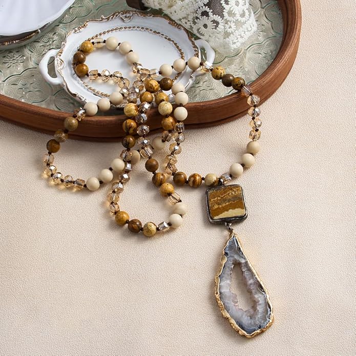 Yomisa Boho Necklaces for Women Men Long,33/34/35 Inch Natural Turquoise Tiger Eye Beaded Stone Pendant Necklaces for Women Trendy,Handmade Bohemian Western Bead Necklace Fashion Charm Jewelry Gift
