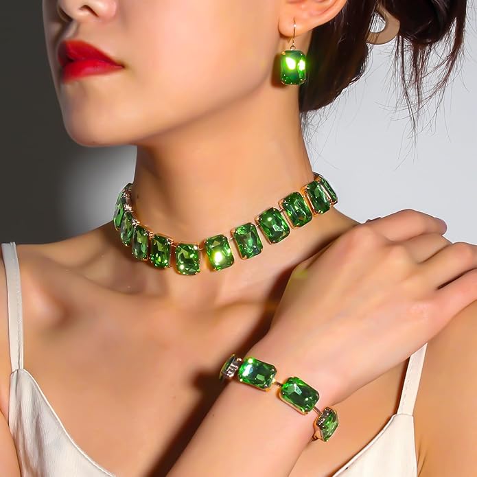 KOSMOS-LI Rectangle Faux Crystal Jewelry Sets Includ Necklace Bracelet Earrings For Women Stocking Stuffers