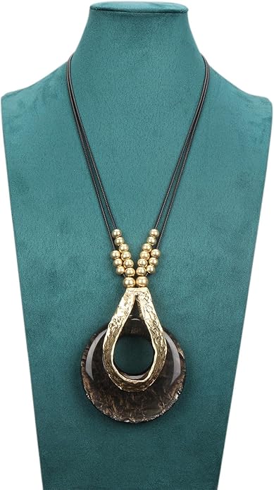 GelConnie Leather Necklace for Women Large Pendant Long Brown Necklace Circle Leather Choker Vintage Sweater Necklace Gold Chunky Boho Necklaces for Women