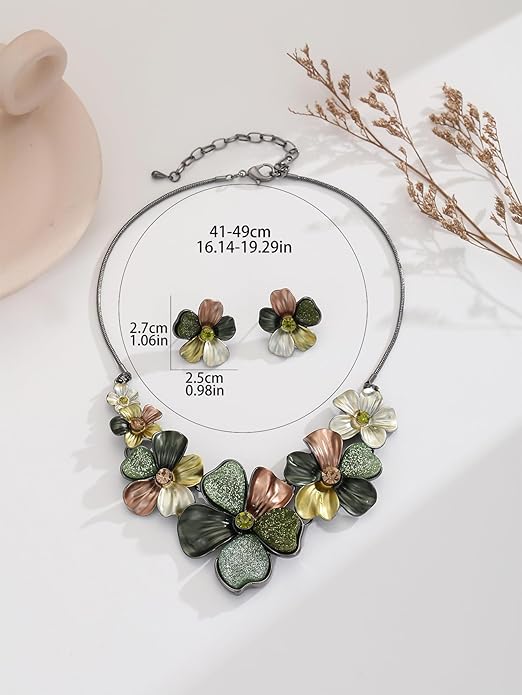 Chunky Statement Jewelry Set Vintage Retro Leaf Flower Floral Geometric Bohemian Boho Bib Necklace Earring Set Fashion Costume Jewelry for Women Girls Wedding Party Prom Unique Gift