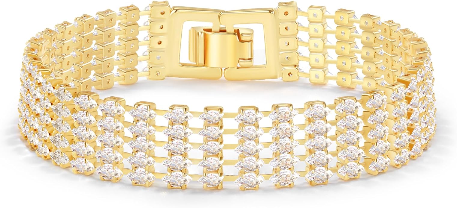 14K Gold Plated Women’s Tennis Bracelet – Sleek CZ Line Bracelet, Fits 6.0"–7.2" Wrist – Sparkly Everyday Jewelry Gift, Contemporary Tennis Bracelets for Women