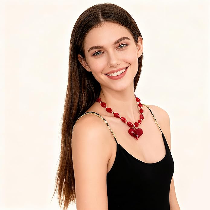 Large Acrylic Heart Necklaces for Women Chunky Puffy Heart Pendant Necklace Exaggerated Statement Love Beaded Choker Necklace Jewelry
