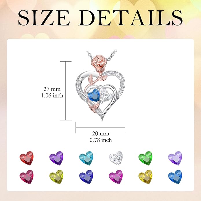 Rose Flower Heart Pendant for Women Birthday Gifts 18k Gold Plated Mother Daughter Necklace with 12 Months Birthstone Christmas Valentines Day Gifts for Her Mom Anniversarry Jewelry for Mom Wife Girlfriend