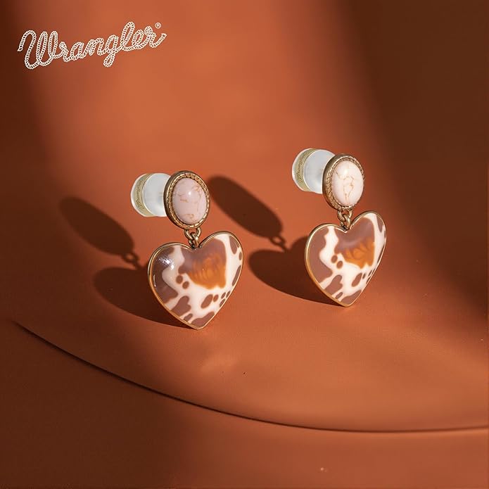 Wrangler Western Heart Drop Dangle Earrings for Women Statement 14k Gold Turquoise Cow Print Cowgirl Trendy Jewelry