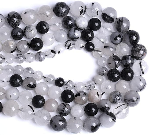 12MM 30PCS Natural Crystal Stone Black Rutile Quartz Gemstone 2A Grade Loose Beads for Jewelry Making DIY Bracelet Necklace Semi Precious Beads 1 Strand