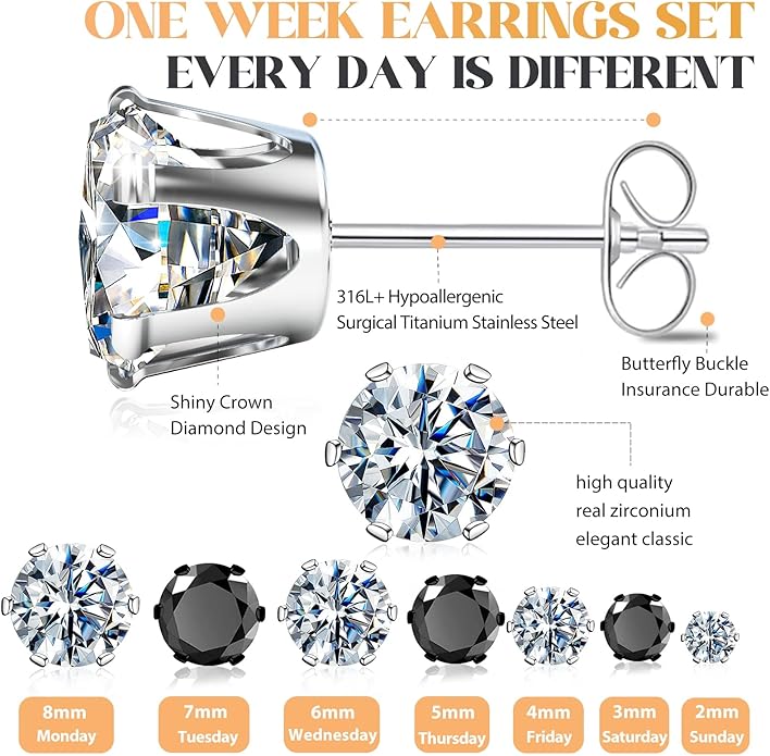 Silver Gold Black Stud Earrings Set 7Pairs Hypoallergenic Cubic Zirconia Titanium Stainless Steel Silver Rose Gold Black CZ Cartilage Stud Earrings Jewelry Sets for Women Men, 2-8mm CZ Stud Earrings