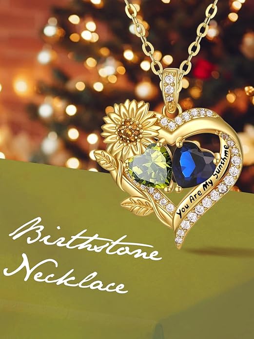Sunflower Heart Necklace for Women 14K Gold Exquisite Valentines Day Anniversary Birthday Gifts for Wife Mother Her Double Birthstone Pendant Jewelry‘You Are My Sunshine’
