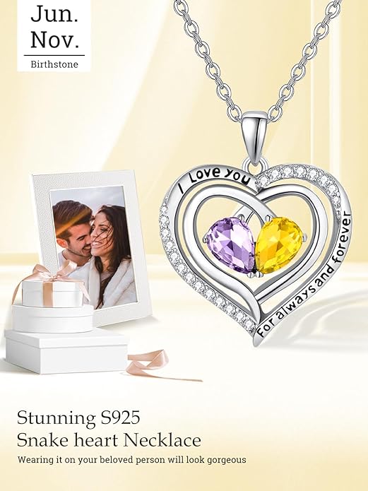 Valentine's Day Gifts for Wife 925 Sterling Silver Double Birthstone Pendant Necklaces I Love You for Always and Forever Necklace Anniversary Birthday Gifts for Wife Girlfriend Mom Her