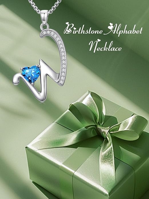 Valentines Day Gifts for Women Alphabet A to Z Initial Birthstone Pendant Necklaces for Women - 18k White Gold Plated Personalized Name Jewelry Valentine Mothers Day Birthday Gifts for Women Her Girlfriend